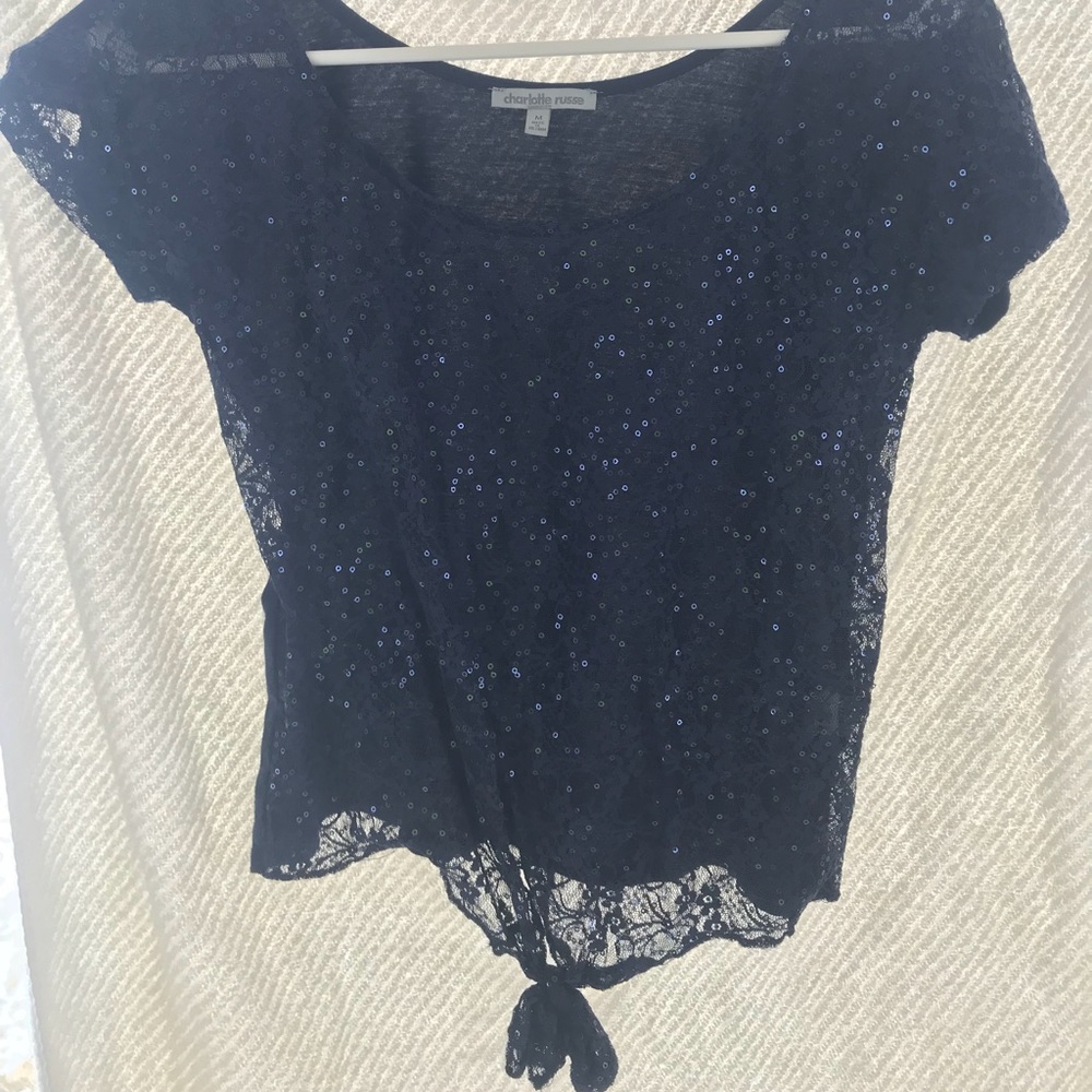 Navy Blue Sequin and Lace Shirt with Tie in Front